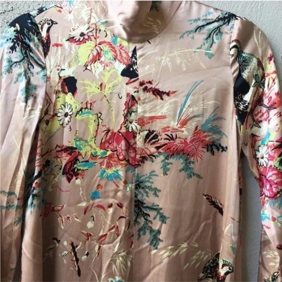 L wilfred aritzia bird print Laverne pink silk dress long sleeve Midi pink - Picture 7 of 8